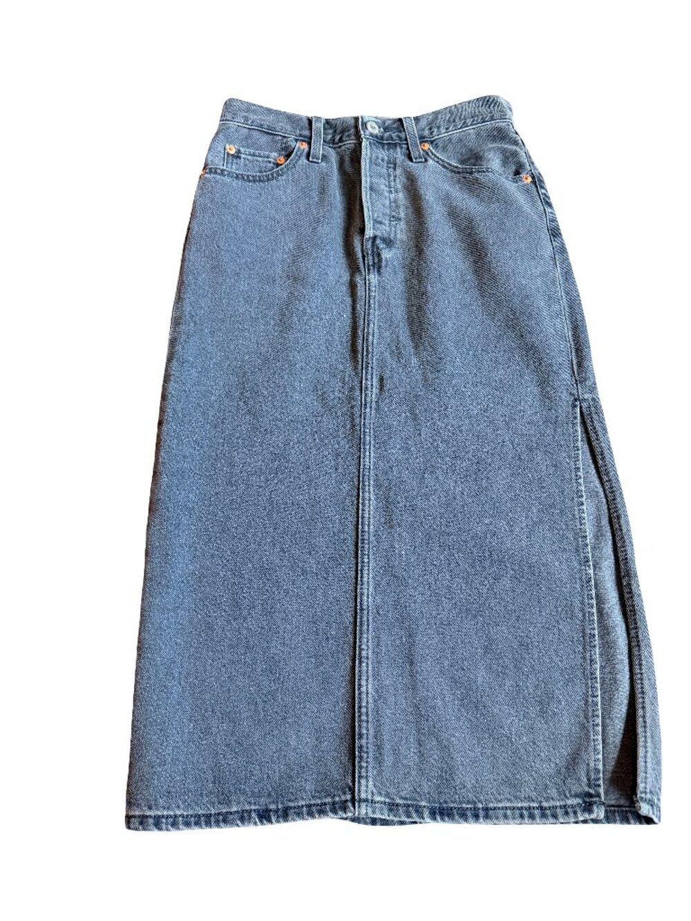 Levi's Grey Denim A Line Maxi Skirt High Slit Five Pocket Size 24 Women's NWT